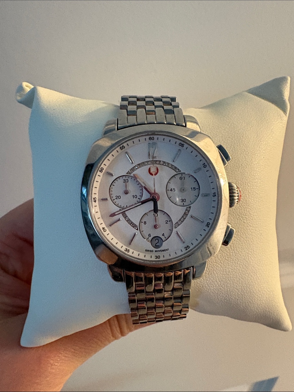Michele Silver Stainless Steel Chronograph Watch with White Dial